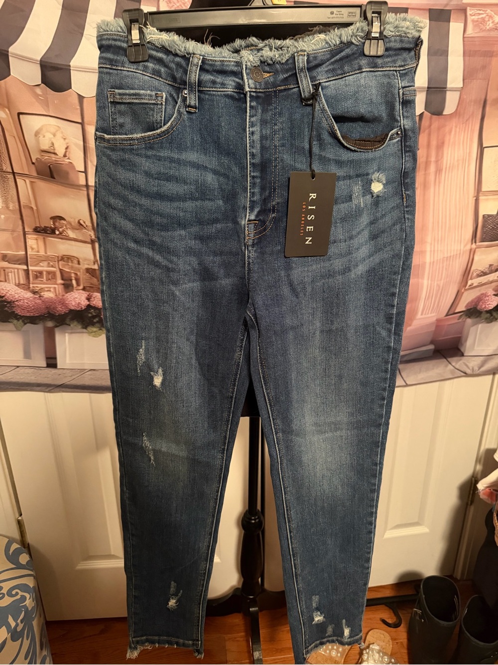 Risen Women's Skinny Jeans — Distressed Dark Blue